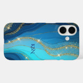 Monogram Initials Blue Gold Glitzer Case-Mate iPhone Hülle (Rückseite (Horizontal))