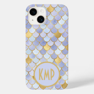 Monogram Initials Blue Gold Mermaid Scales Case-Mate iPhone 14 Hülle