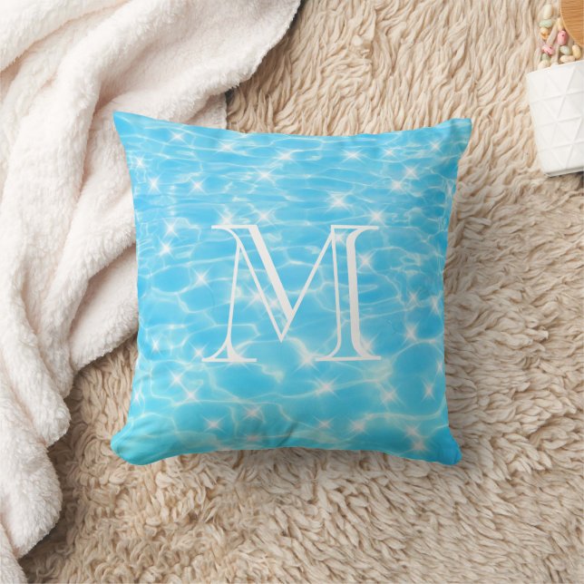 Monogram Initials blue water rippwater texture Kissen (Decke)