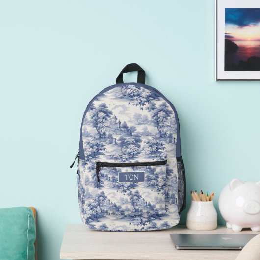 Monogram Initials Blue White Toile Pattern Bedruckter Rucksack