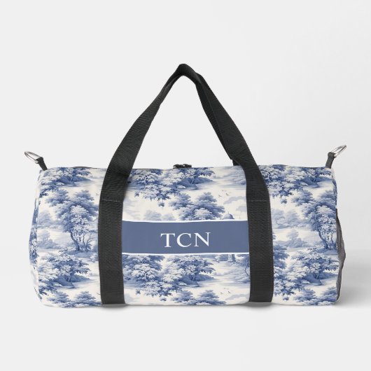 Monogram Initials Blue White Toile Pattern Duffle Bag (Vorderseite)