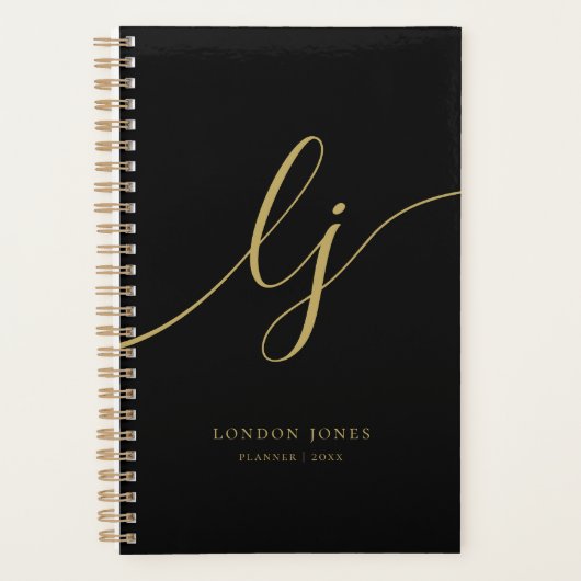 Monogram Initials Business Black Gold Initials Planer (Vorderseite)