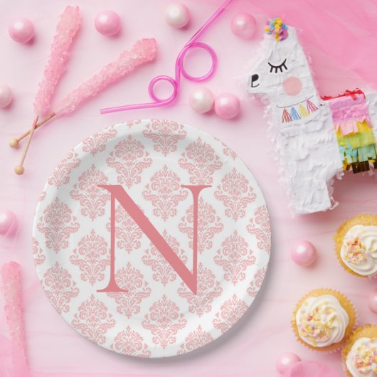 Monogram Initials Damask Pastel Peach Pappteller (Party)