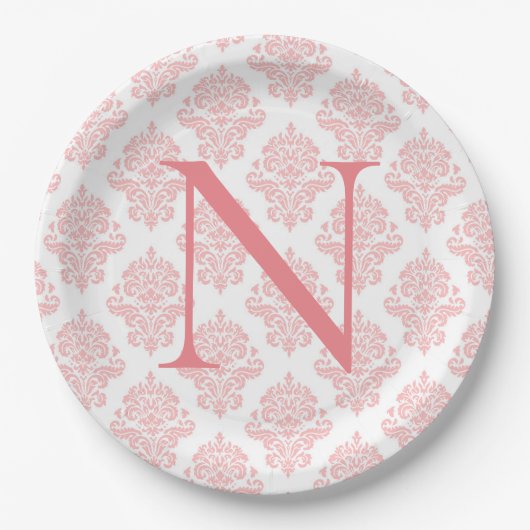 Monogram Initials Damask Pastel Peach Pappteller (Vorderseite)