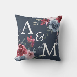 Monogram Initials Dusty Rose Blue Floral Dark Blue Kissen