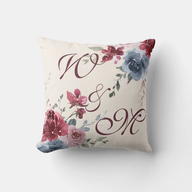 Monogram Initials Dusty Rose Blue Floral Ivory Kissen (Vorderseite)