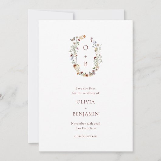 Monogram Initials Earthy Floral Wreath Wedding Save The Date (Vorderseite)