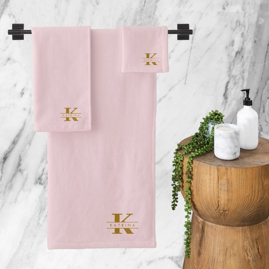Monogram Initials Elegant Modernes Blush Pink Gold Badhandtuch Set