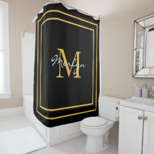 Monogram Initials Gold Black Individuelle Name 202 Duschvorhang