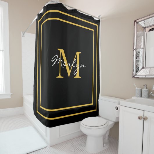 Monogram Initials Gold Black Individuelle Name 202 Duschvorhang (Beispiel)