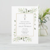 Monogram Initials Greenerage Foliage Wedding Einladung (Stehend Vorderseite)