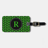 Monogram Initials Herringbone Pattern Neon Green Gepäckanhänger (Vorderseite horizontal)