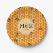 Monogram Initials Honeycomb Bees Gold Pappteller (Vorderseite)
