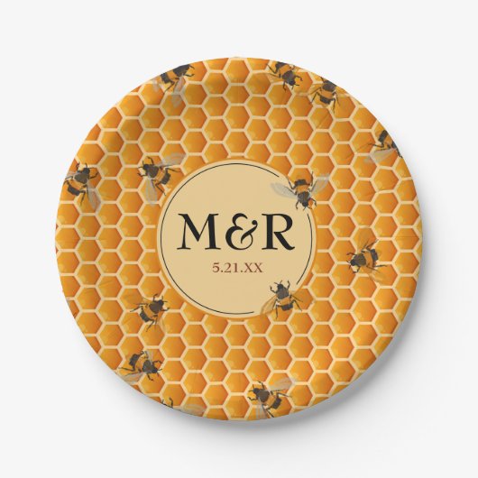 Monogram Initials Honeycomb Bees Gold Pappteller (Vorderseite)