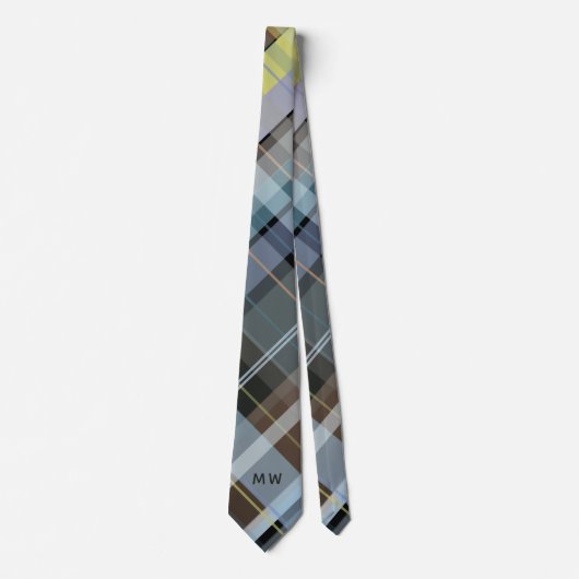 Monogram Initials Kariert Dusty Blue Gray Brown Ch Krawatte (Vorderseite)