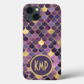 Monogram Initials Lila Gold Mermaid Scales Case-Mate iPhone Hülle (Rückseite)