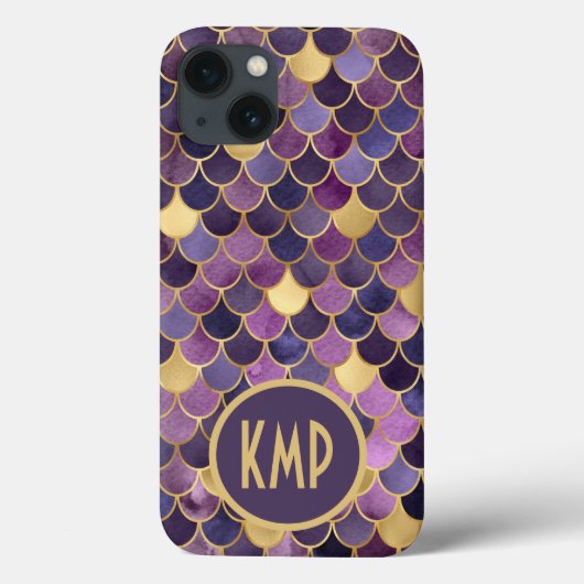Monogram Initials Lila Gold Mermaid Scales Case-Mate iPhone Hülle (Rückseite)