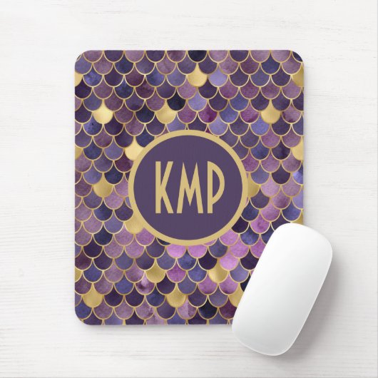 Monogram Initials Lila Gold Mermaid Scales Mousepad (Mit Mouse)