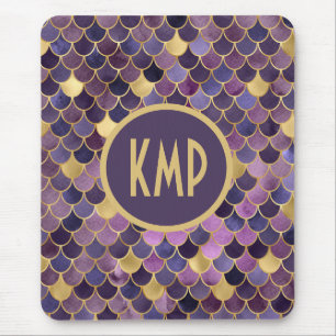 Monogram Initials Lila Gold Mermaid Scales Mousepad