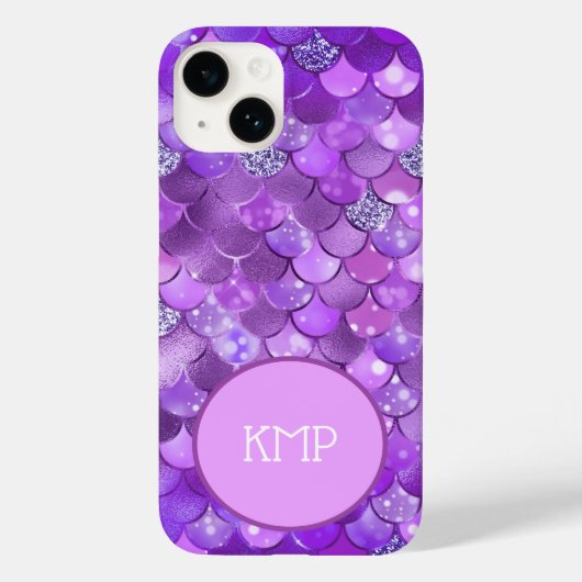 Monogram Initials Lila Silver Mermaid Scales Case-Mate iPhone Hülle (Rückseite)