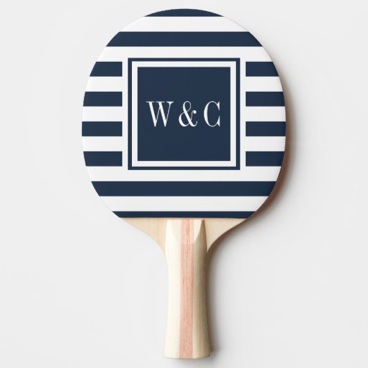 Monogram Initials Nay Blue White Strip Tischtennis Schläger (Vorderseite)