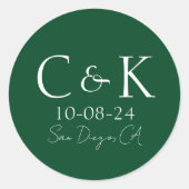 Monogram Initials on Forest Green Wedding Runder Aufkleber (Vorderseite)