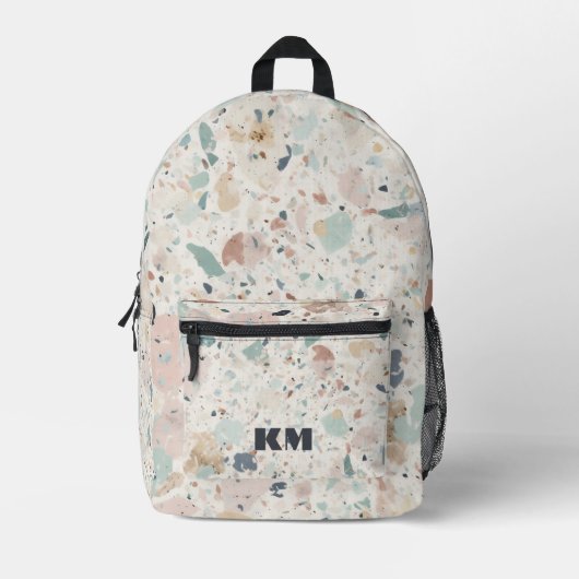 Monogram Initials Pastel Terrazzo Muster Bedruckter Rucksack (Vorderseite)