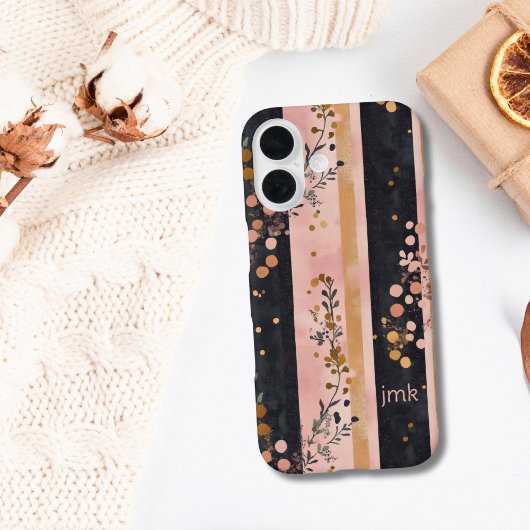 Monogram Initials Pink Gold Black Florals Stripes Case-Mate iPhone Hülle