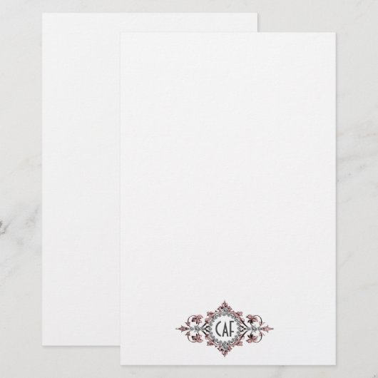 Monogram Initials Pink Gray Verziert Geblüht Briefpapier (Vorne/Hinten)