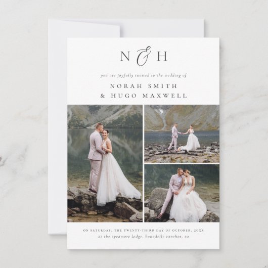 Monogram Initials QR Code 3 Foto Collage Wedding Einladung (Vorderseite)