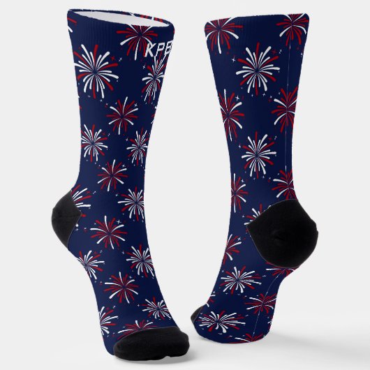 Monogram Initials Red & White Fireworks on Blue Socken (Gewinkelt)