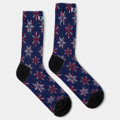Monogram Initials Red & White Fireworks on Blue Socken (Rechts)