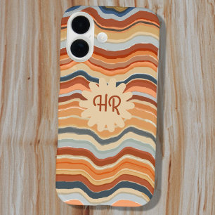 Monogram Initials Retro Stripes Waves Orange Blue iPhone 16 Hülle