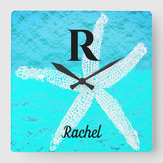 Monogram Initials Teal Turquoise Pastel Starfish Quadratische Wanduhr (Vorderseite)