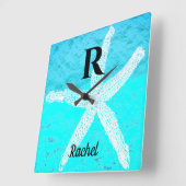 Monogram Initials Teal Turquoise Pastel Starfish Quadratische Wanduhr (Winkel)