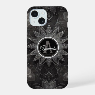 Monogram Intricate Black and White Floral Mandala iPhone 15 Hülle