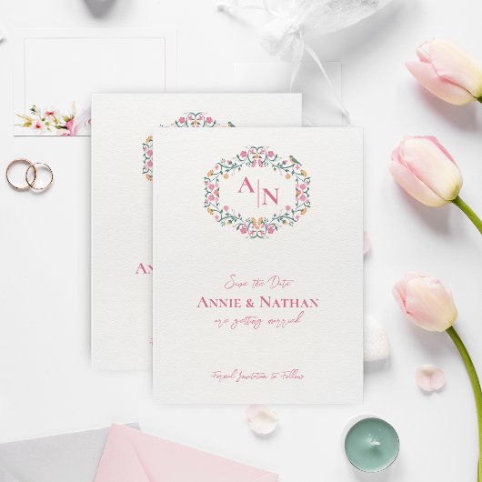 Monogram-Intricate Floral Wedding Save the Date Magnetkarte