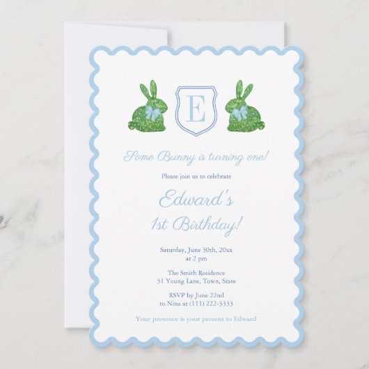 Monogram Irgendein Bunny ist ein Junge 1. Geburtst Einladung (Vorderseite)
