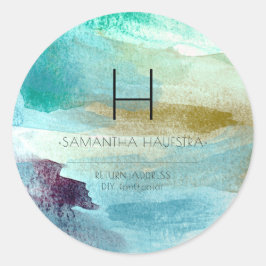 Monogram Iridescent Aqua Blue Brushed Watercolor Runder Aufkleber