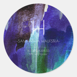 Monogram Iridescent Indigo Pinsel Wasserfarbe Runder Aufkleber