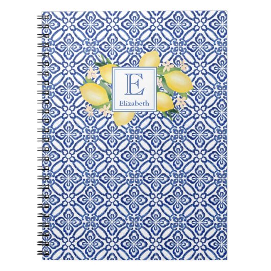 Monogram Italian Inspiriert Lemons Blue Tiles Notizblock (Vorderseite)
