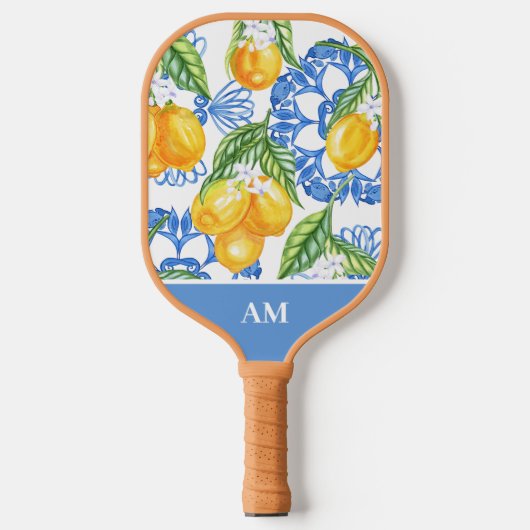 Monogram Italian Lemon Blue Tiles Pattern Pickleball Schläger (Vorderseite)