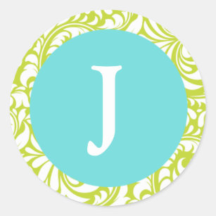 Monogram J Chartreuse Pale Blue Personalizable Wed Runder Aufkleber