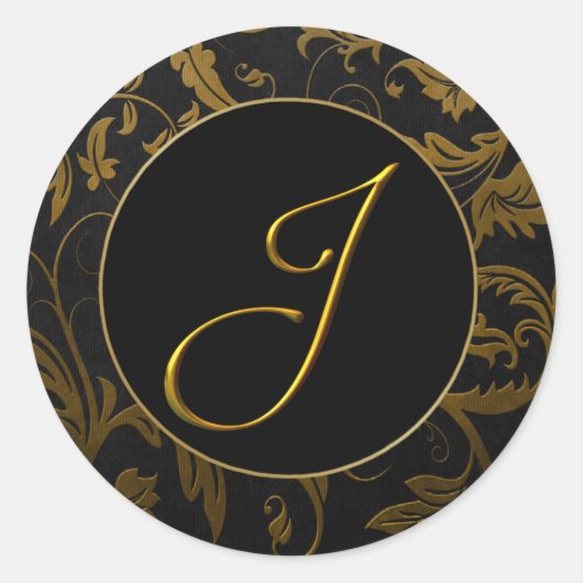 Monogram J Gold and Black Damask Wedding Siegel Runder Aufkleber (Vorderseite)