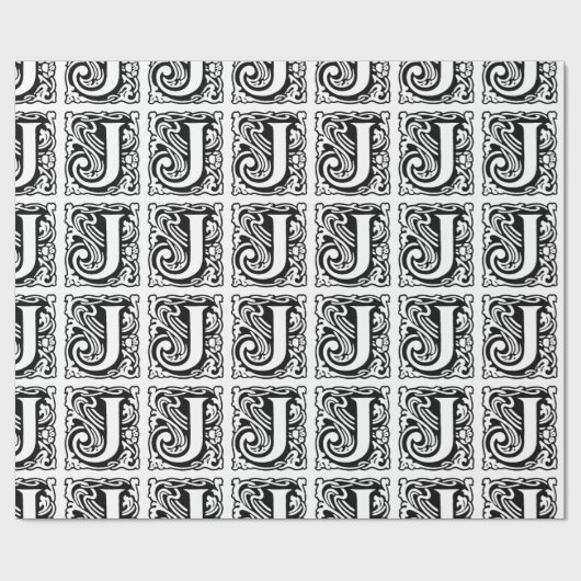 Monogram J Initial Black and White Art Deco Geschenkpapier (Flach)