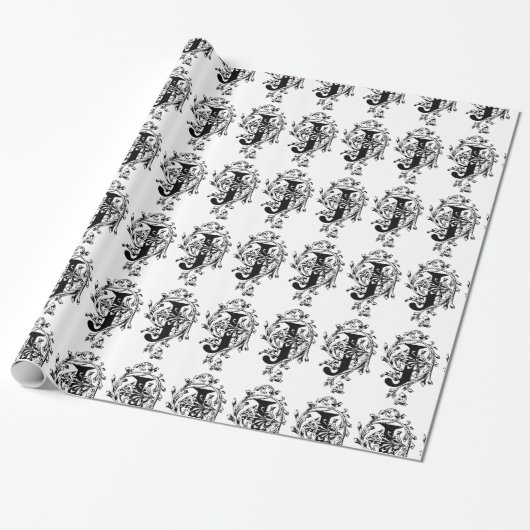 Monogram J Initial Black and White Floral Pattern Geschenkpapier (Ungerollt)