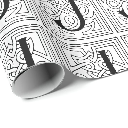 Monogram J Initial Black and White Scroll Pattern Geschenkpapier (Rolleneckpunkt)