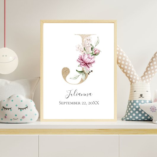 Monogram J Pink White Floral Gold Letter Kinderzim Poster