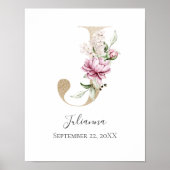 Monogram J Pink White Floral Gold Letter Kinderzim Poster (Vorne)