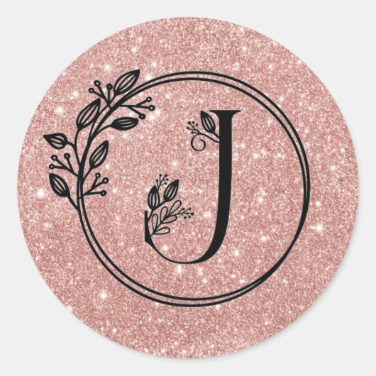 Monogram J Rose Gold Blush Pink Glitzer Floral Runder Aufkleber (Vorderseite)
